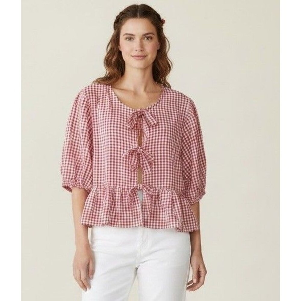 The Us Together Red White Gingham Bow Tie Front Cotton Cottage Boho Size XL